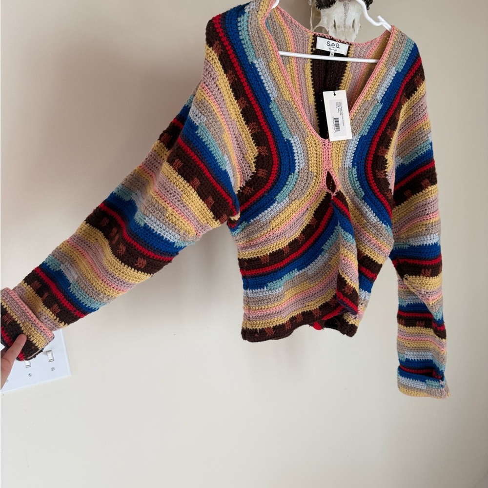 Sea New York Multicolor Crochet V-Neck Sweater — Blue, Pink, Yellow, Brown, Red